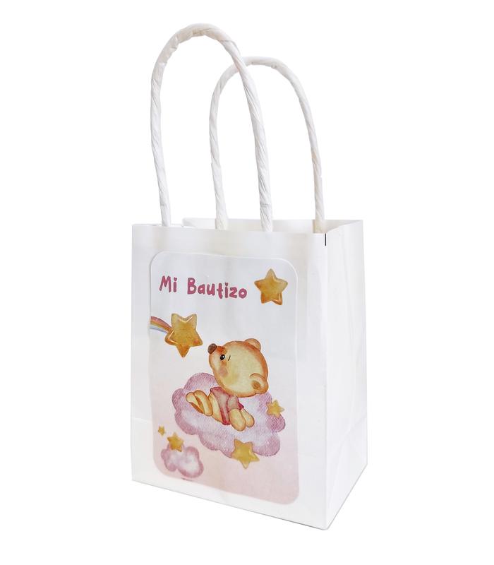 BOLSA BLANCA DE PAPEL CON PEGATINA DE NIÑA DE BAUTIZO