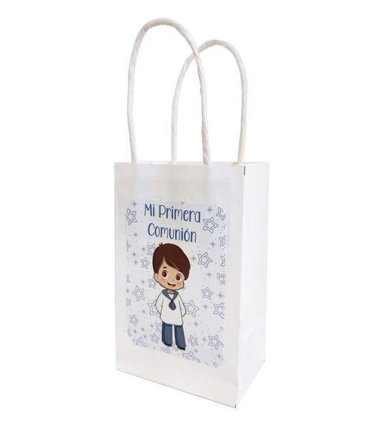 BOLSA BLANCA DE PAPEL CON PEGATINA DE NIÑO DE COMUNIÓN