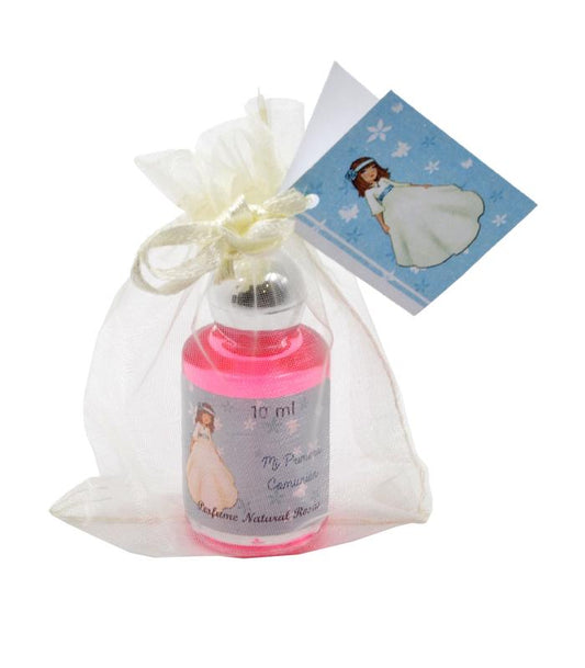 BOTE PERFUME ROSAS 10ML BOLSA DE ORGANZA CON TARJETA